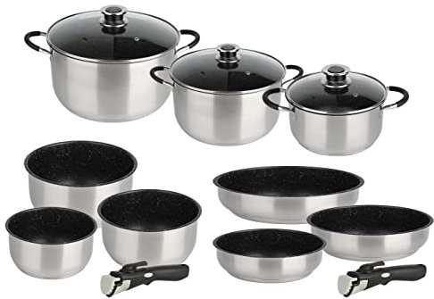 KAMBERG Set pentole 12 pezzi, Acciaio inossidabile, Rivestimento in Pietra, Tutti i fuochi tra cui induzione, Manico rimovibile, Senza PFOA, Grigio
