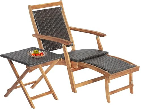 LIFEZEAL Akazienholz Sonnenliege mit Klapptisch, Rattan Liegestuhl mit Armlehnen, Gartenliege Deckchair mit ausziehbaren Fußpedalen, Balkonliege für Garten Terrasse Balkon, Schwarz+Natur
