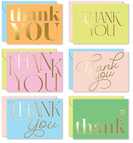 S&O Candy Thank You Cards with Envelopes - Blank Gold Foil sheets Set of 24 - Assorted Greeting Decor Cards, Pop Color Envelopes to Mix & Match