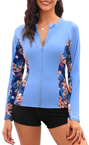 Tuopuda Rashguard Donna Maglia Anti UV Rash Stampa Costume da Bagno Copricostume Vest Guard Shirt Surf Abbigliamento Sportiv Zipper Beachwear per Mare Spiaggia Piscina Vacanza, Blu, M