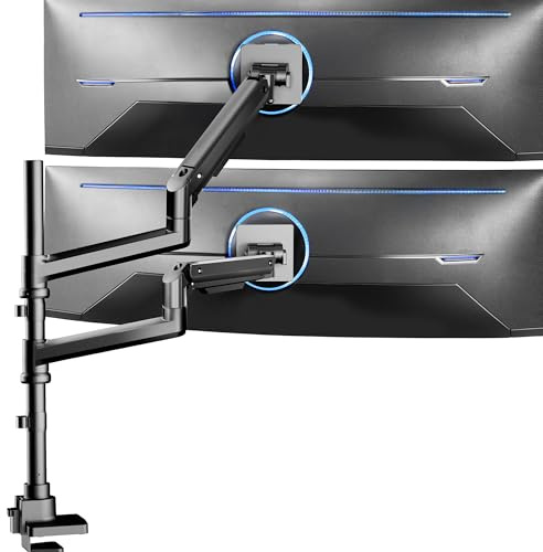 VIVO Pneumatisk Arm Dubbel Ultrabred Skärm Extra Hög Skrivbordsfäste för Upp till 49 Tums Skärmar, Kraftig Klämma, Håller 2 Ultra Breda Upp till 20 kg, Svart, STAND-V120K