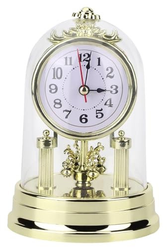 EPASHA Vintage European Style Silent Mantel Clock with Dome Glass Cover, Battery Operated, Antique Table Clock for Living Room, Bedroom, Office, 11 x 17 cm, Gold