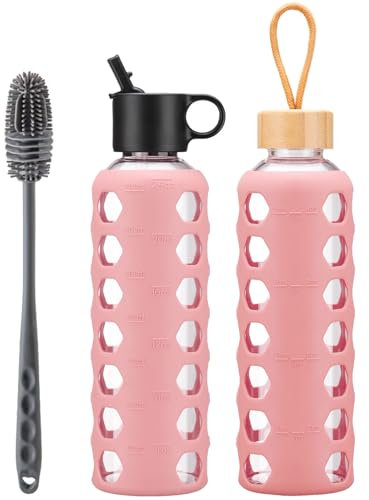 BLUEGO Borracce in vetro, 700ml Bicchiere in vetro, Bottiglie per bere con 2 coperchi, Bottiglia per l'acqua sportiva con custodia in silicone, A prova di perdite, Rosa