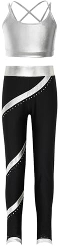CHICTRY Tuta da Ginnastica Artistica Bambina Ragazza Crop Top Lucido da Danza Jazz Hip Hop Reggiseno Sportivo + Pantaloni Leggings Completo Sportivo Argento 11-12 anni