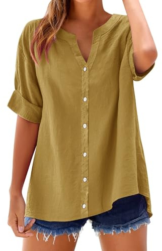 riou Camisa de Algodón y Lino con Botones para Mujer Primavera Verano Moda Color sólido Blusa Cuello en V Camiseta Elegante Tops Casual Sueltas de Trabajo de Oficina Shirt Talla Grande tee
