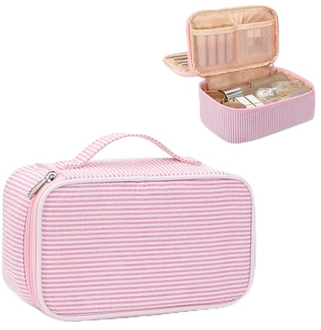 Relavel Cute Makeup Bag for Girls, Portable Pink Cosmetic Bag, Dual-layer Makeup Pouch with Brush Holder, Multi-Functional Preppy Toiletry Organizer for Travel, Daily Use - Pink Strip