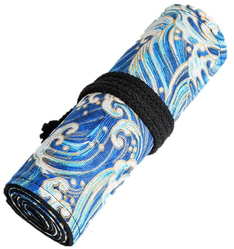 Hoxgar Trousse Enroulable en Toile avec 36 Compartiments, Grande Capacité | Organisateur pour Crayons de Couleur pour Dessiner Colorier et Faire des Croquis (Crayon Non Inclus) Bleu Mer, 36 Trous