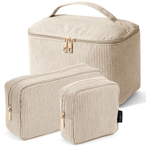 MAGEFY Makeup Bag, 3 Pcs Cosmetics Bag Large Capacity with Handle Make Up Bag for purse Corduroy Bag Pouch for Purse Travel Makeup Organizer Bag-Beige