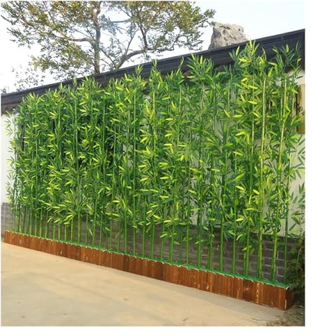 Pantalla de bambú artificial para plantas, valla de privacidad para exteriores con base de madera, divisor de ambientes resistente a los rayos UV, plantas artificiales para pared de privacidad