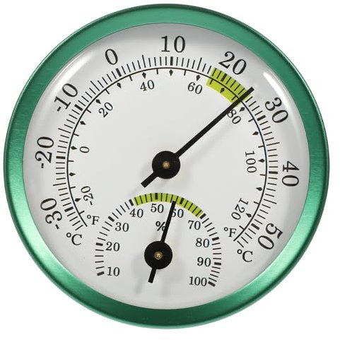 TOYANDONA Medidor De Temperatura y Humedad Colgante 57mm Para Interiores y Exteriores, Higrómetro Duradero De Aluminio Verde, Termómetro Para Oficina y Balcón, Medición Precisa Sin Batería