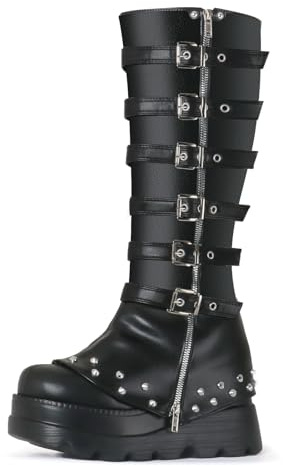 FIFSY Women's Knee High Boots Goth Platform Buckle Boots Punk Wedge Heels Boots Cosplay Party Costume Booties, Black US9.5