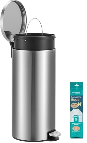 SONGMICS Kitchen Bin, Round Trash Bin with 15 Trash Bags, Metal Pedal, Removable Plastic Inner Bucket, Handle, Soft-Close Lid, Stainless Steel, 8 Gallons (30 L), Silver LTB031EZ02