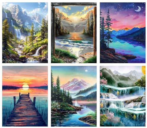 BEAYIOU 6 Pack 5D Diamond Painting Kits for Adults, Landscape Diamond Arts Kits Diamond Art Sets,Gem Painting by Number Kits for Adults Beginners Home Wall Decor 12x16 Inch