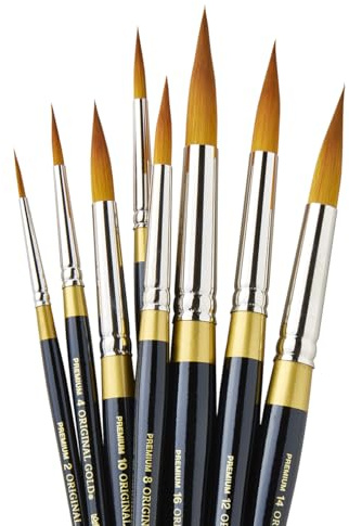 KINGART 1000C 8 PC. Premium Original Gold 9020 Series Golden Taklon Ultra Round Multimedia Artist Brush Set, Short Handle, Gift Boxed Set of 8 - Sizes: 2,4,6,8,10,12,14,16