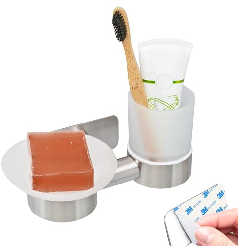 bremermann Bad-Serie Piazza Tape - Wandhalter mit Zahnputzbecher und Seifenschale ohne Bohren, mit Klebepad - selbstklebend, Becherhalter, Zahnbürstenhalter, aus satiniertem Glas und Edelstahl, matt