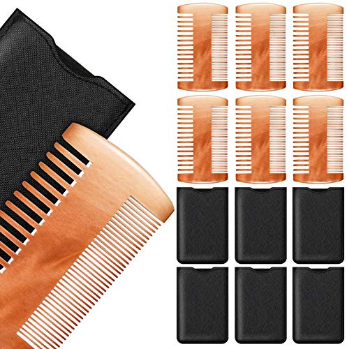 Natural Sandalwood Dual Action Beard & Moustache Combs with Faux Leather Cases (6 Pieces, Yellow)
