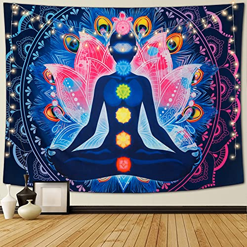 Betylifoy Psychedelic Mandala Tapisserie 7 Chakren Bunte Hippie Tapisserie Yoga Meditation Wanddeko für Schlafzimmer Wohnzimmer (130 x 150 cm)