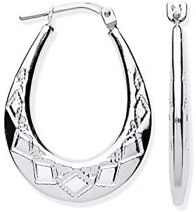 Sterling Silver Diamond Cut Patterned Oval Creole Hoop Earrings