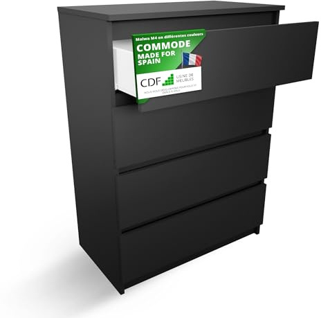 CDF Commode 4 Tiroirs Commode Chambre Noir Meuble Armoire de Rangement Spacieux pour Salon Bureau Spacieuse et Design Moderne Facile à Installer 40x70x97 cm Meuble à Vêtements