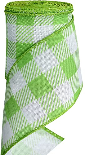 TONIFUL 2.5 Inch Green Plaid Check Burlap Wired Ribbon, Summer Spring Easter Ribbon for Gift Wrapping, Wreath Bows Making, Crafts, Birthday, Baby Shower， Home Decoration, Easter Decor（Green，6yds）