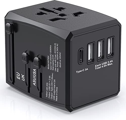 Universal Travel Adapter Worldwide, International Travel Plug Adapter With USB C and 3 USB Travel Adaptor All in One Universal Charger Power Adapter for European EU US UK AUS