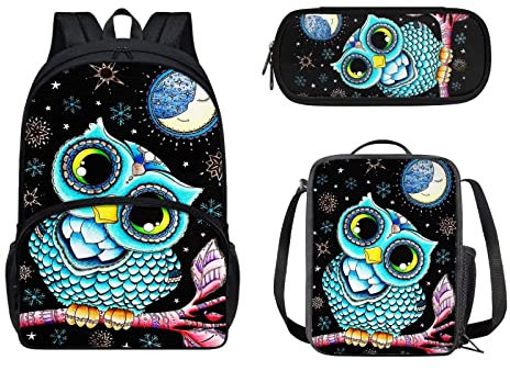 Coloranimal Kinder Rucksack für Schule 3 Pack Große Kapazität Schultasche Umhängetasche mit Lunchbox Federmäppchen Aufbewahrungstasche Jungen Mädchen Schule Büchertasche, eule, One size