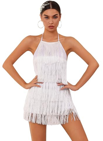 ABAFIP Women's Halter Backless Fringe Mini Dress Layered Tassel Cocktail Concert Rave Party Mini Dance Dress White Small