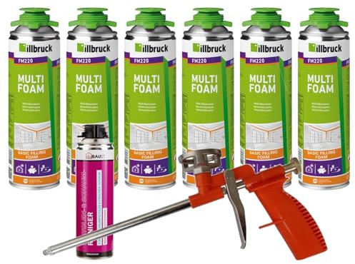 FM220 Bauschaum Montageschaum Pistolenschaum Multischaum Fensterschaum hohe Schalldämmung Wärmedämmung 500ml Kombisets (mit Reiniger AA290 + Schaumpistole Compact, 6x 500ml)