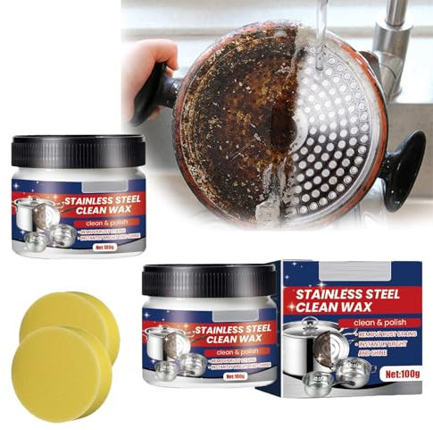 Pasta di Pulizia in Acciaio Inox Nano-tecnologico, Detergente e Smalto per Metalli, Cera Pura per Pentole (2 Pezzi)