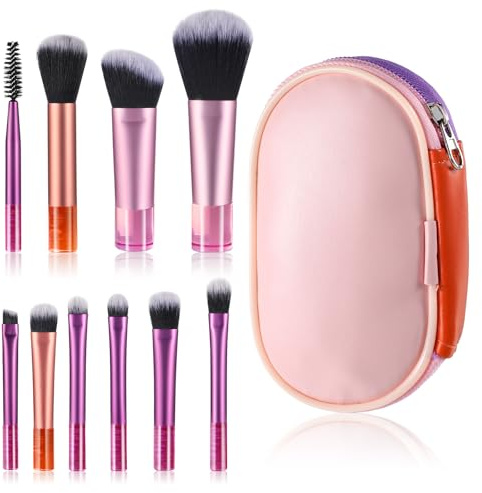 10 Stück Reise Pinsel Set Make Up Mini Pinsel Set Schmink Bunte Makeup Brushes Set mit Make up Pinsel Tasche zum Bürsten von Wimpern Foundation Lidschatten Kontur Rouge