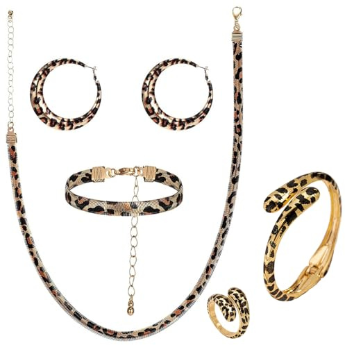 XFSRG 5 Pièces Bijoux Femme Imprimé Léopard Boucles d'Oreilles Bagues Bracelets Colliers Bijoux de Mode Sexy