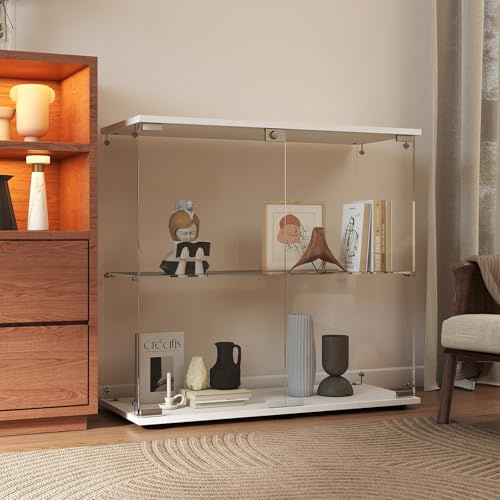 Beauty4U 2-Shelf Double Door Glass Display Cabinet, 83cm Tall, White | Frameless Showcase Cabinets for Storage Collectables, Living Room, Bedroom, Simple Quick Installation