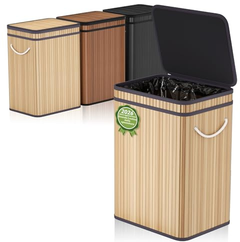 Mihoho Pattumiera grande da 80 litri/21 galloni con coperchio, cestino per rifiuti in bambù, pattumiera per esterni/bidone per rifiuti per casa, ufficio, bagno, cucina 40X30X60 CM (kaki chiaro)