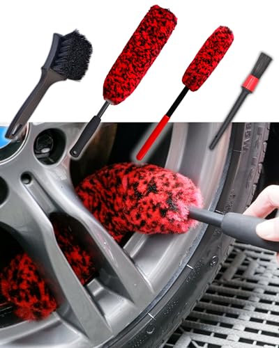 Professional 4 Pack Long Handle Wheel Brush Kit for Cleaning Wheel and Tire- 2X Soft Wheel Woolies Cleaning Brush, Detailing Brush and Stiff Tire Brush, Bendable& Durable Wheel Rim Cleaner Brush Set