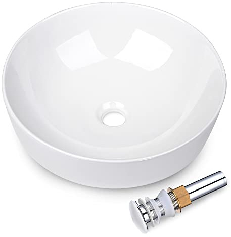 Aquaterior Porcelain Bathroom Vessel Vanity Sink 16 Round with Pop up Drain Above Counter Wash Basin Bowl Hotel RV Minimalist Modern