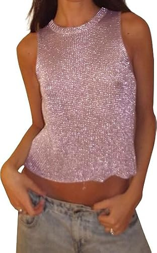 Meladyan Women Sexy Fishnet Knit Glittering Crop Tank Going Out Top Sheer Mesh Sleeveless Crewneck Solid Slim Cropped Tops Pink