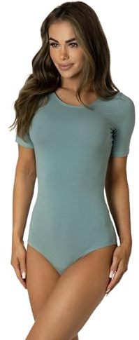 Alkato Body Mujer Manga Corta de Algodón – Body Mujer con Cuello Redondo y Cierre de Corchetes, Verde mineral, XS (Largo 170-176 cm)
