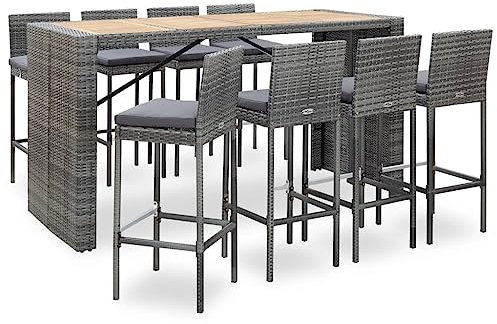 Willood 9 TLG. Garten Bar Set Poly Rattan und Akazienholz Grau Leicht zu reinigen schönes Design langlebig leichte Konstruktion Sitzkissen Komfort abnehmbar und einfach zu montieren