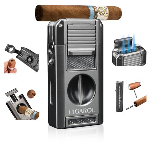 CIGAROL 5 en 1 Mechero Soplete, 2 Llamas Con Corta Puros en V - No Contiene Gas, Grandes Regalos para Hombres (Gris)