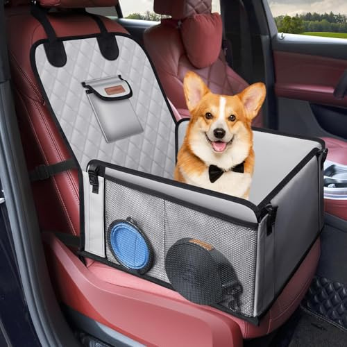Looxmeer Seggiolino Auto per Cani, Trasportino Impermeabile Antistrappo Antisscivolo per Piccola e Media Taglia con Rete Laterale e Cintura di Sicurezza Universali per Auto SUV Camion, Grigio