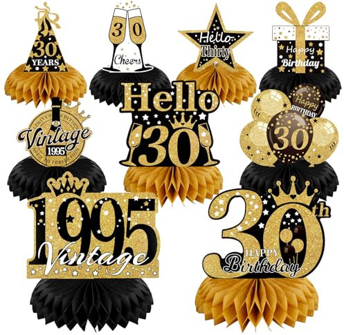 Tikplus 30th Birthday Table Decorations, 9 Pcs Black & Gold Honeycomb Centerpieces, Party Table Decorations for Men & Women, Vintage Decor Happy 30th Birthday