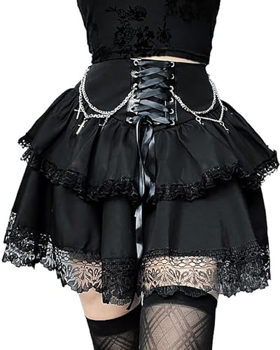XKBHYD Minifalda gótica para mujer, cintura alta, plisada, estilo skater, punk, grunge, con cordones, falda Harajuku Lolita con cadena