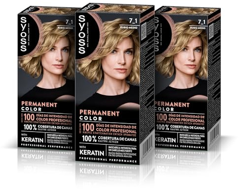 Syoss Permanent 7.1 nyans mellanblond, hårfärg för kvinnor, professionell täckning av grått hår, hållbar färg och djupvård, inkluderar intensiv Keratinmask, 3-pack