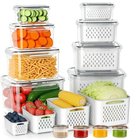 KUMD 24-Piece Airtight Food Storage Containers with Lids & Removable Colander | Fruit Storage Container for Fridge(12 Containers & Lids) | BPA-Free, Freezer/Microwave Safe | Keep Fresh for Fruits, Veg