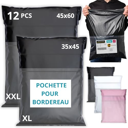 EMBALLAX - 12 Versandtaschen MIT TASCHE FÜR VERSANDETIKETT - 2 Größen XL/XXL - WIDERSTANDSFÄHIG/WASSERDICHT - Versandtüten für Kleidung - Warensendung Umschlag für Kartons - Versandbeutel A4