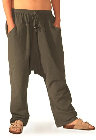 SAVARI - Pantalón Harem Tailandés, Pantalones Bombachos Hombre Mujer con Bolsillos Sin Puños 100% Algodón. Cintura Elástica y Cordones Talla Única Ideal Taichi, Premamá, Yoga. (Gris Tierra)