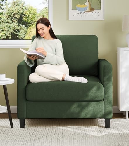 Welzona Living Room Armchair, 84 cm Accent Chair, Comfortable, Tool-Free Furnishing, Lounge Chairs, Full Wood Bedroom Reading Chair, Teddy Mini Couch, Sofa, Small for Teenager's Room, Green