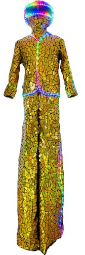 Earthradius LED Sequins Mirror Costume Stilt Walker Robot Costume DJ Party Performance Show Dance Party Costume (Gold, L)