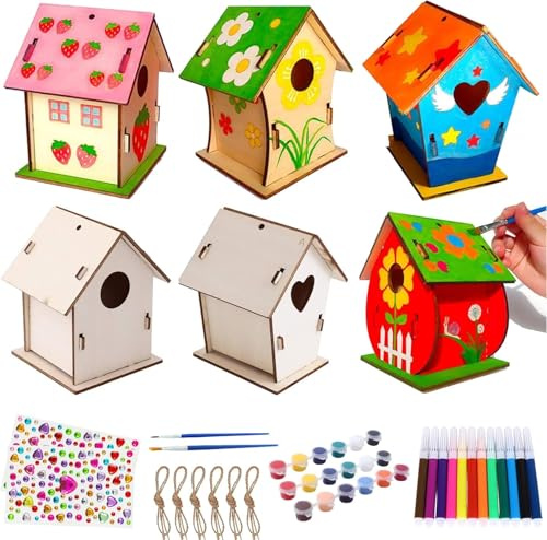 ELLECILA 6Pcs Birdhouse Kit for Kids, Craft Kits for Kids to Build and Paint Bird House, Easter DIY Wooden Arts and Crafts, DIY Set Craft Kit Outdoor Wooden Birdhouse