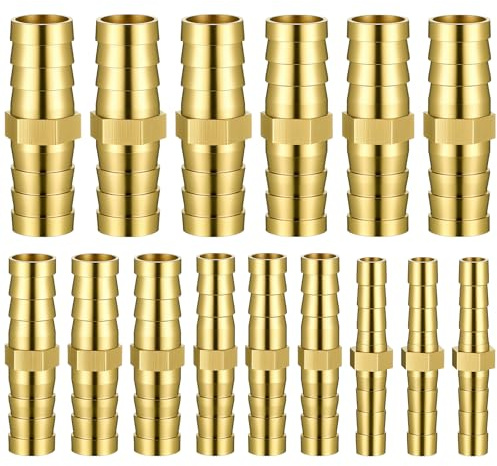 Exircy Schlauchverbinder, 15 Stück Messing Schlauch Verbindungsstück gerader Widerhaken Verbinder für Luftleitung Wasserleitung Kraftstoffleitung Olleitung (6mm/8mm/10mm/12mm/14mm)